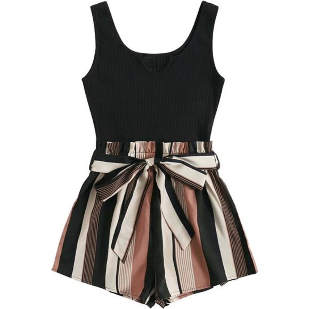 SOLY HUX Women's Summer Sleeveless Striped Belted Tank Romper Short Jumpsuit
